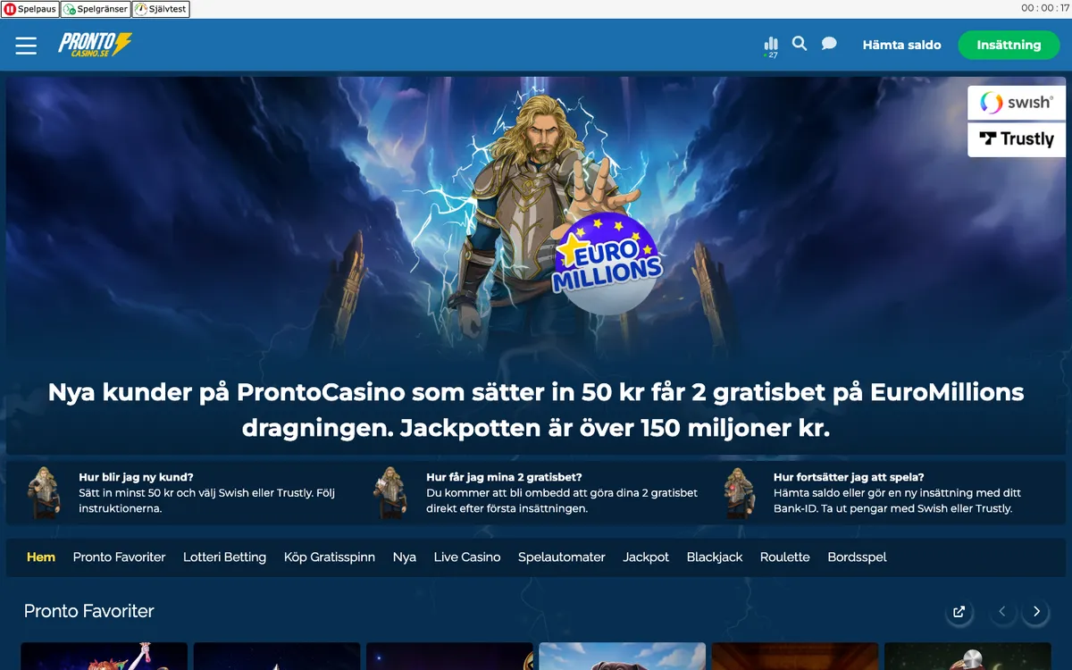 Pronto Casino — Home page, captured from Finland