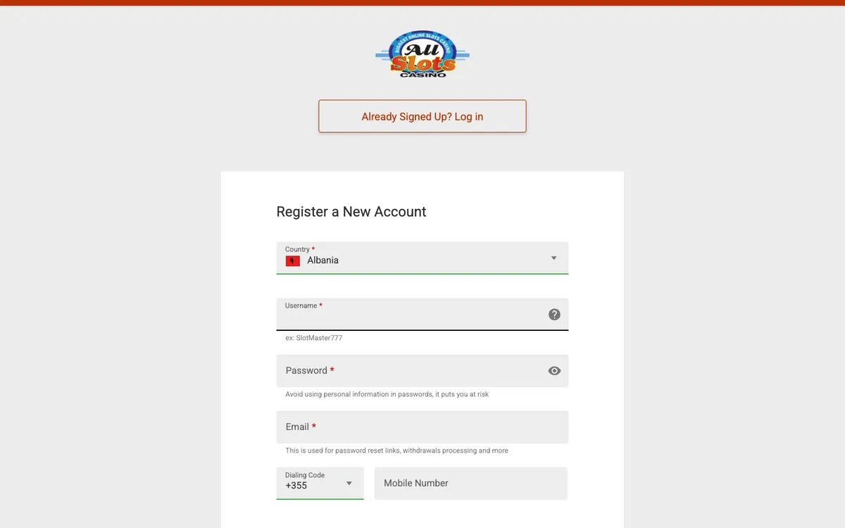 All Slots Casino — Sign-up, captured from United Kingdom