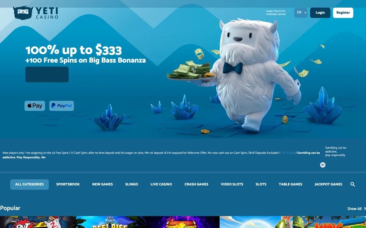 Yeti Casino — «Главная», снято из страны Канада