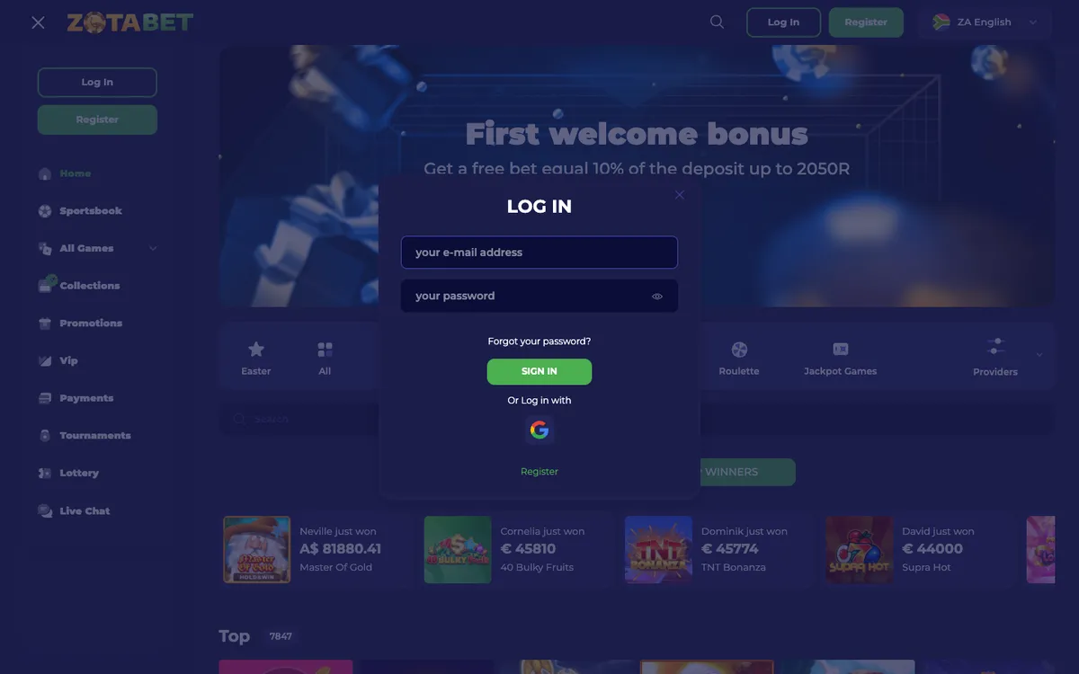 Zotabet Casino — Sign-up, captured from South Africa