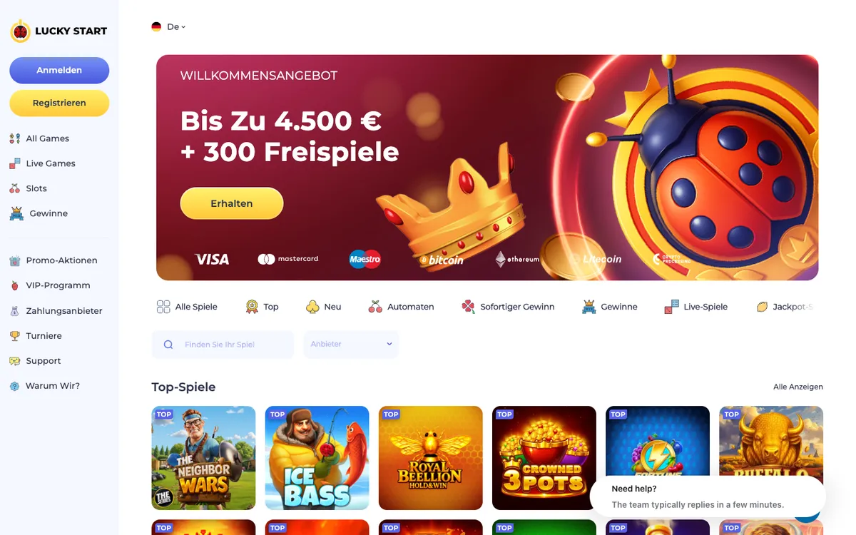 Luckystart Casino — Home page, captured from Austria