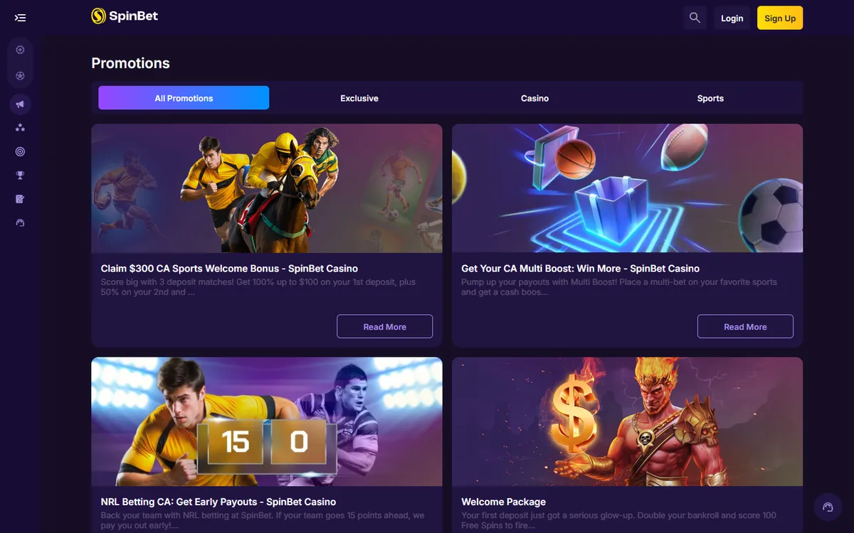SpinBet Casino — «Акции», снято из страны Канада
