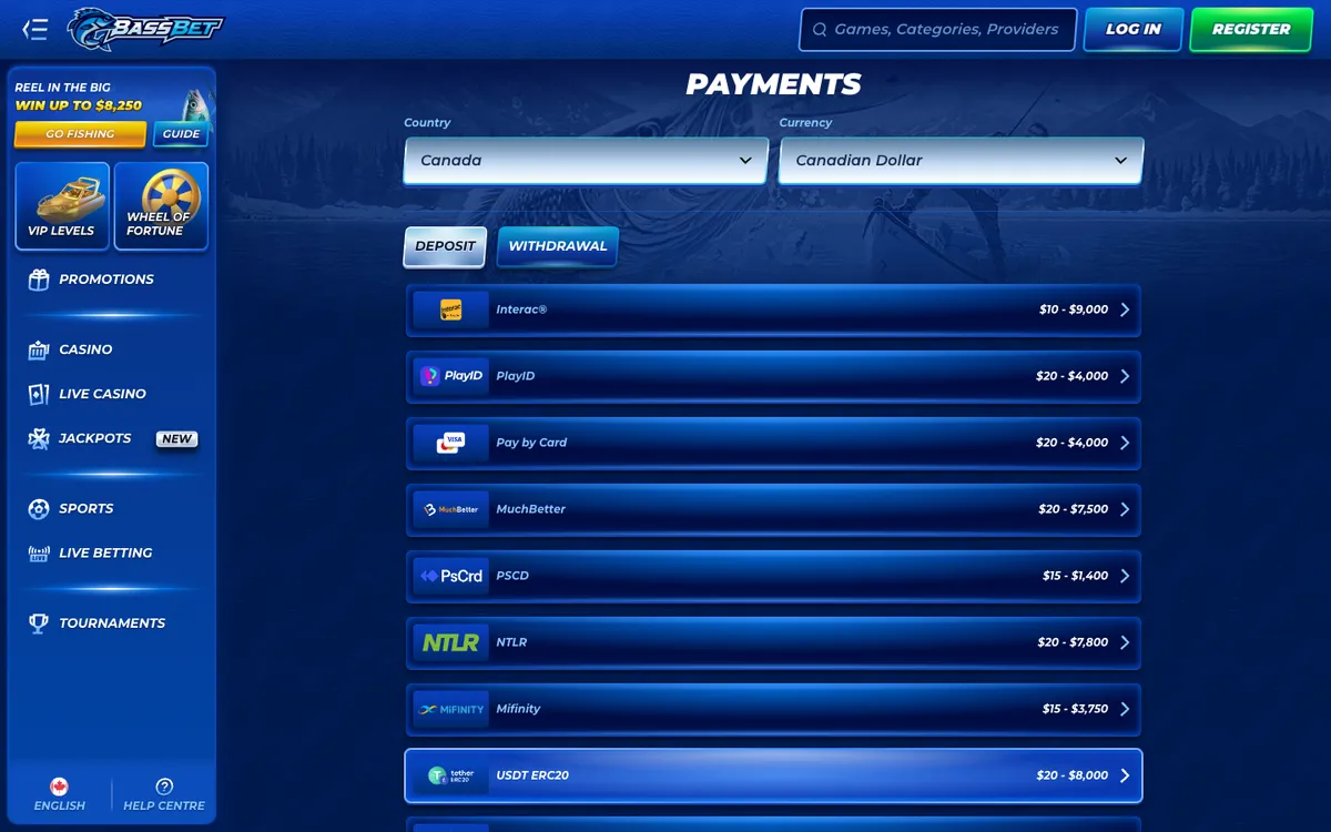 Bassbet Casino — Payments, captured from Canada