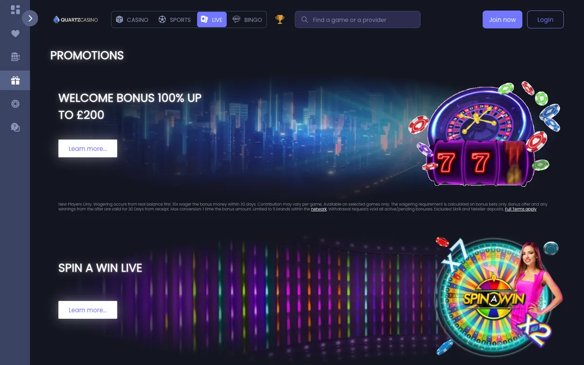 Quartz Casino — Promotions, captured from United Kingdom