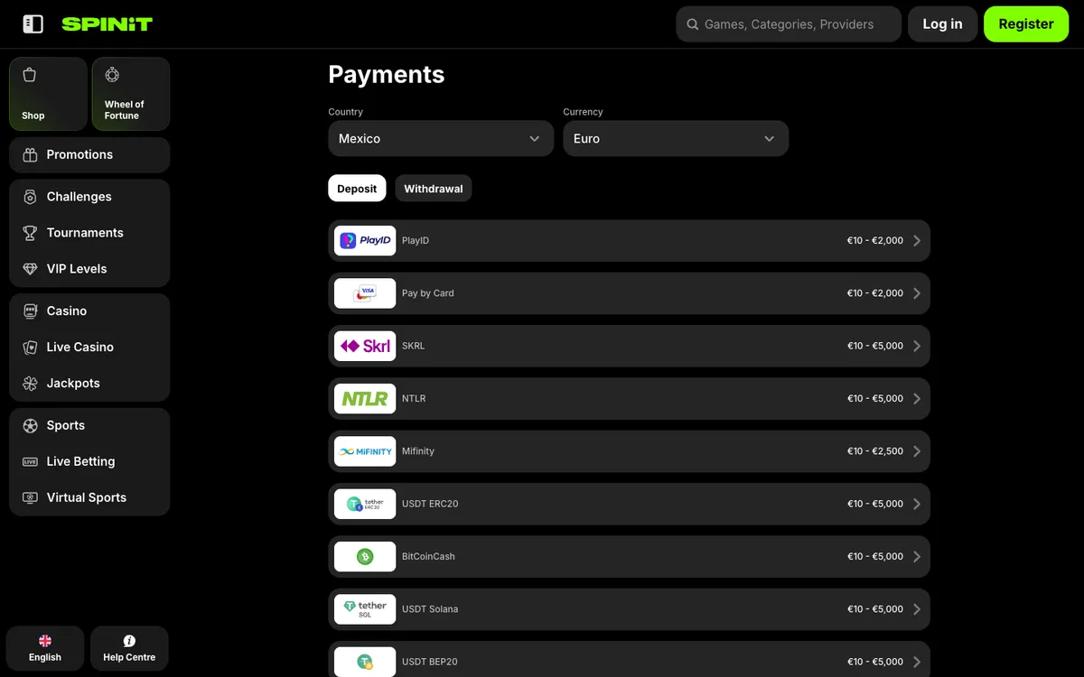 Spinit Casino — Payments, captured from Mexico