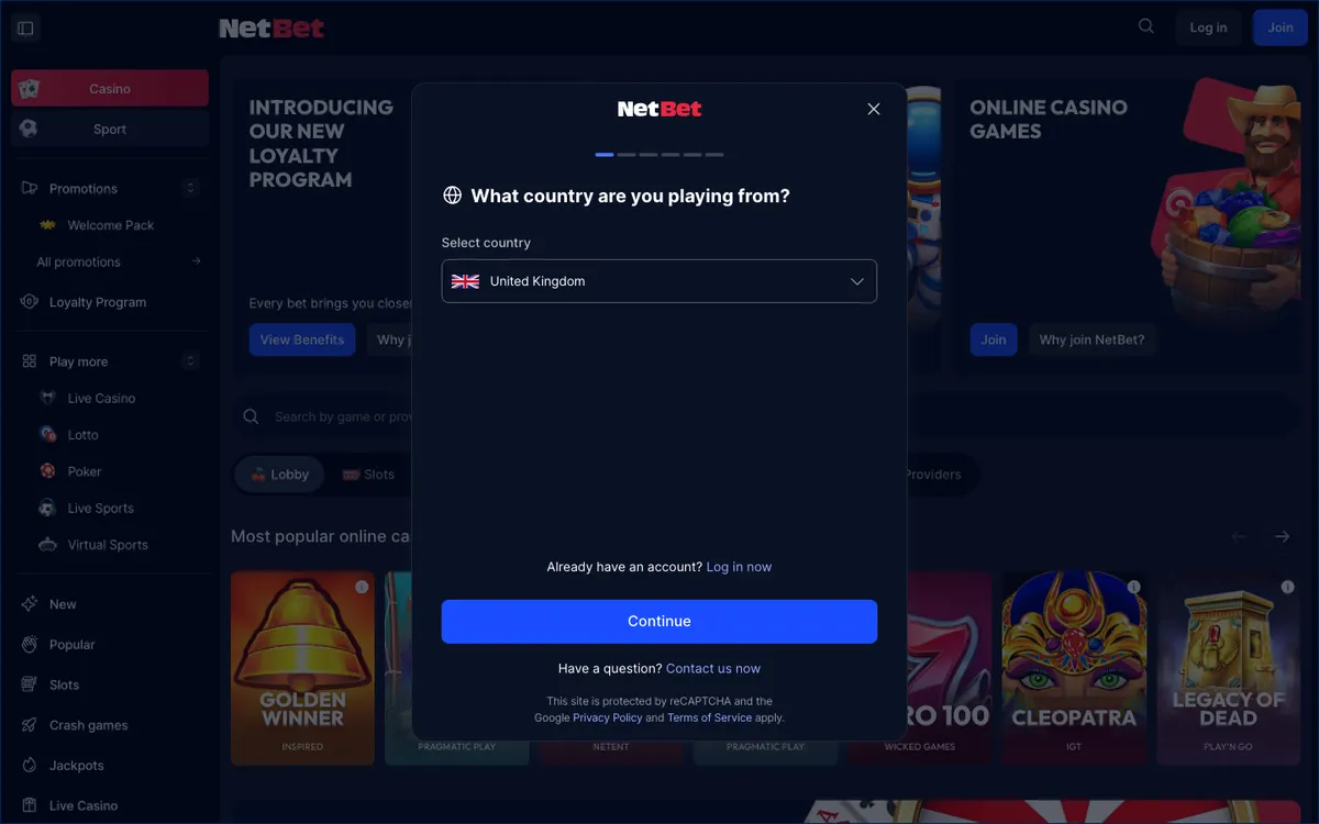 NetBet Casino — Sign-up, captured from United Kingdom