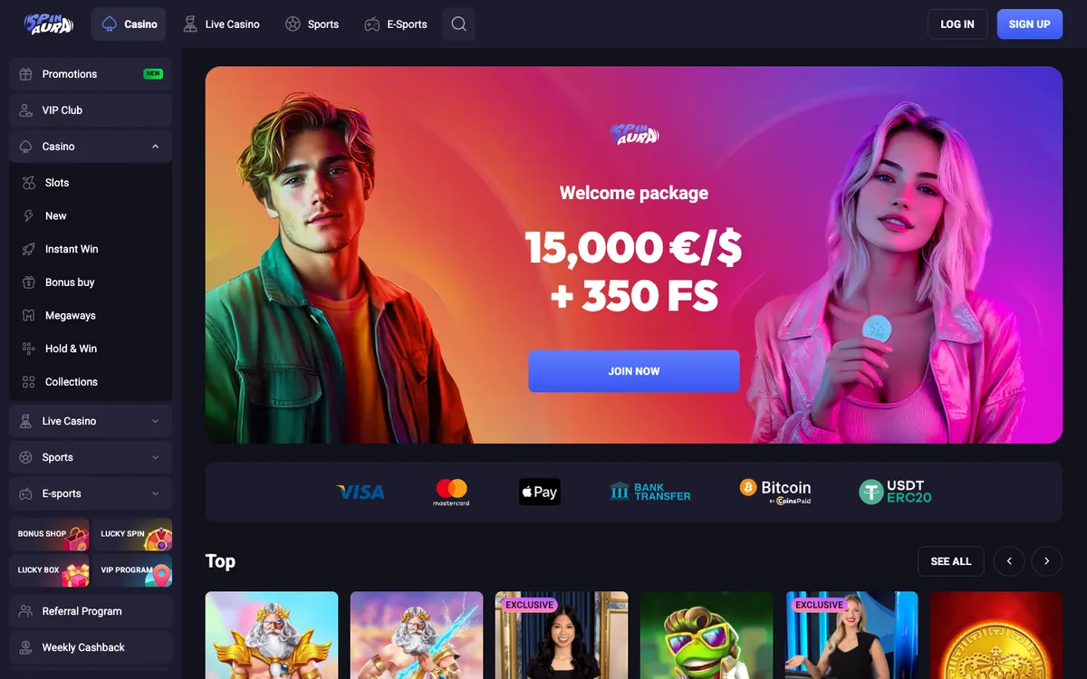 Spin Aura Casino — Home page, captured from Belgium