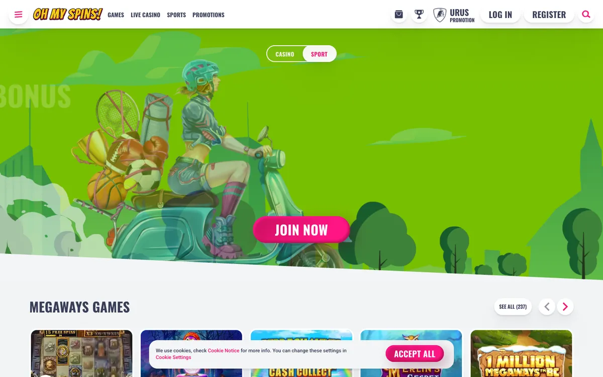 OhMySpins Casino — «Главная», снято из страны Финляндия