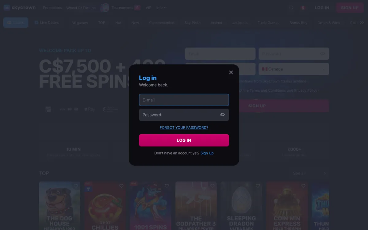 Skycrown Casino — Sign-up, captured from Canada