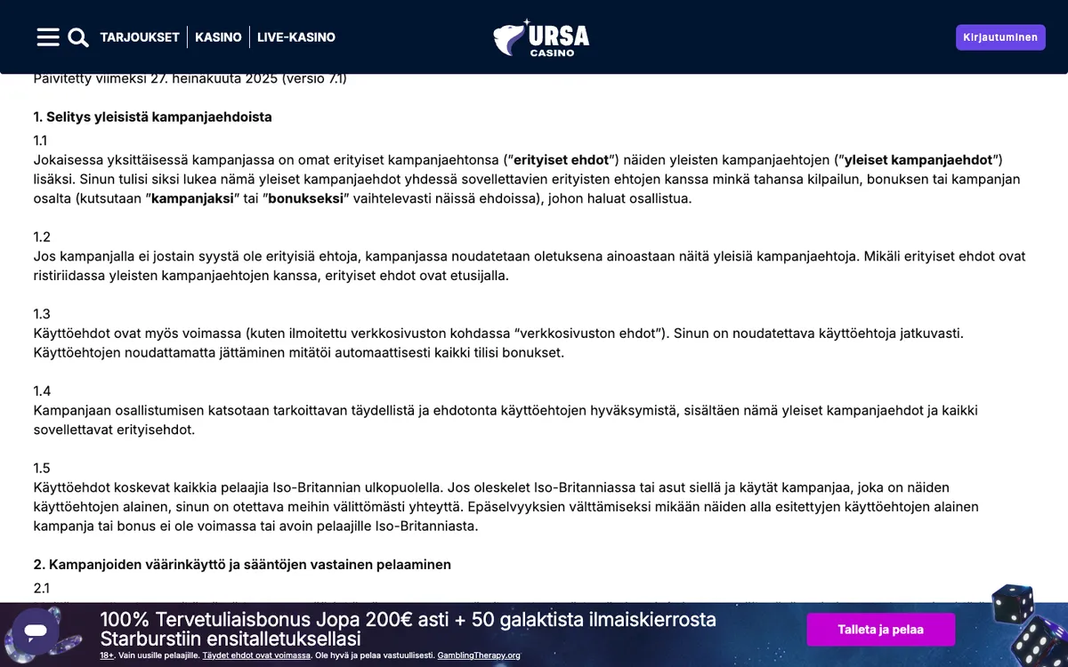 Ursa Casino — Promotions, captured from Finland
