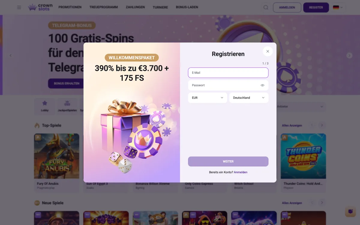 Crownslots Casino — Sign-up, captured from Germany