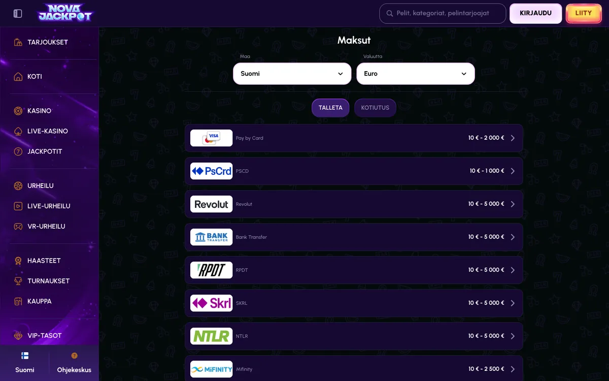 NovaJackpot Casino — «Платежи», снято из страны Финляндия