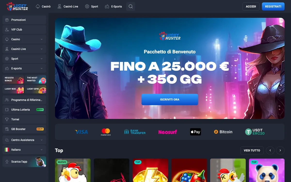 Lucky Hunter Casino — Home page, captured from Italy