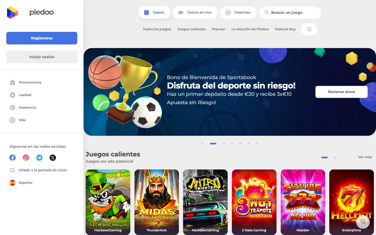 Pledoo Casino — Home page, captured from Colombia