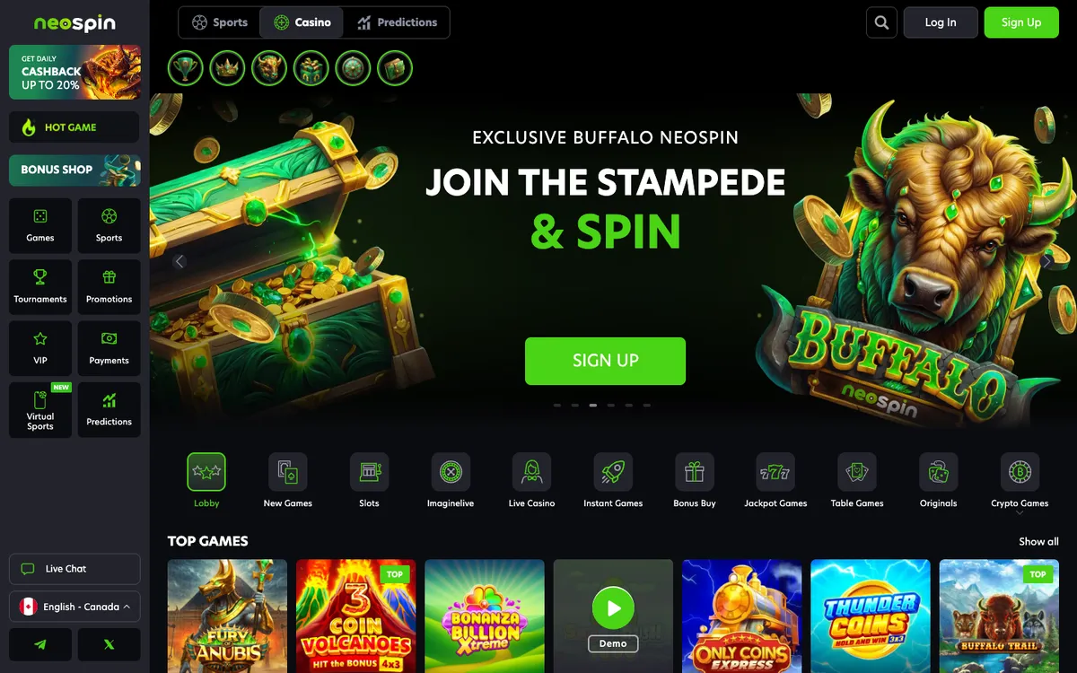 Neospin Casino — Home page, captured from Canada