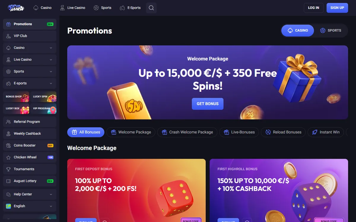 Spin Aura Casino — Promotions, captured from Canada