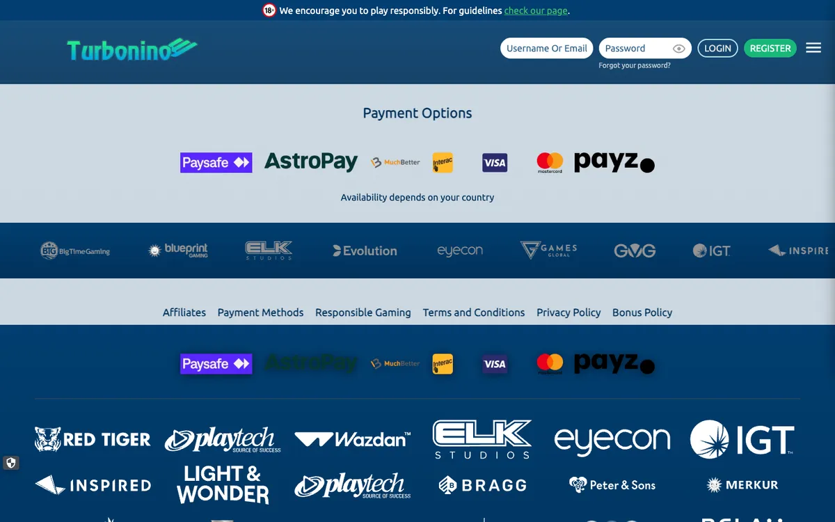 Turbonino Casino — Payments, captured from Canada