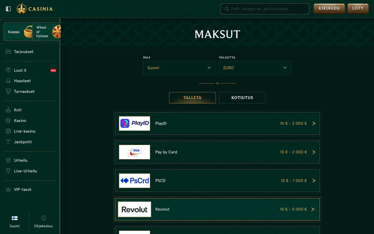 Casinia Casino — Payments, captured from Finland
