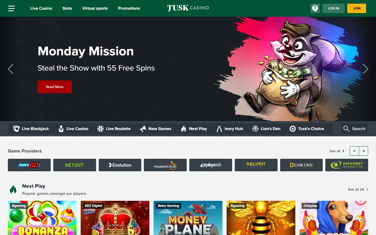 Tusk Casino — Home page, captured from Canada