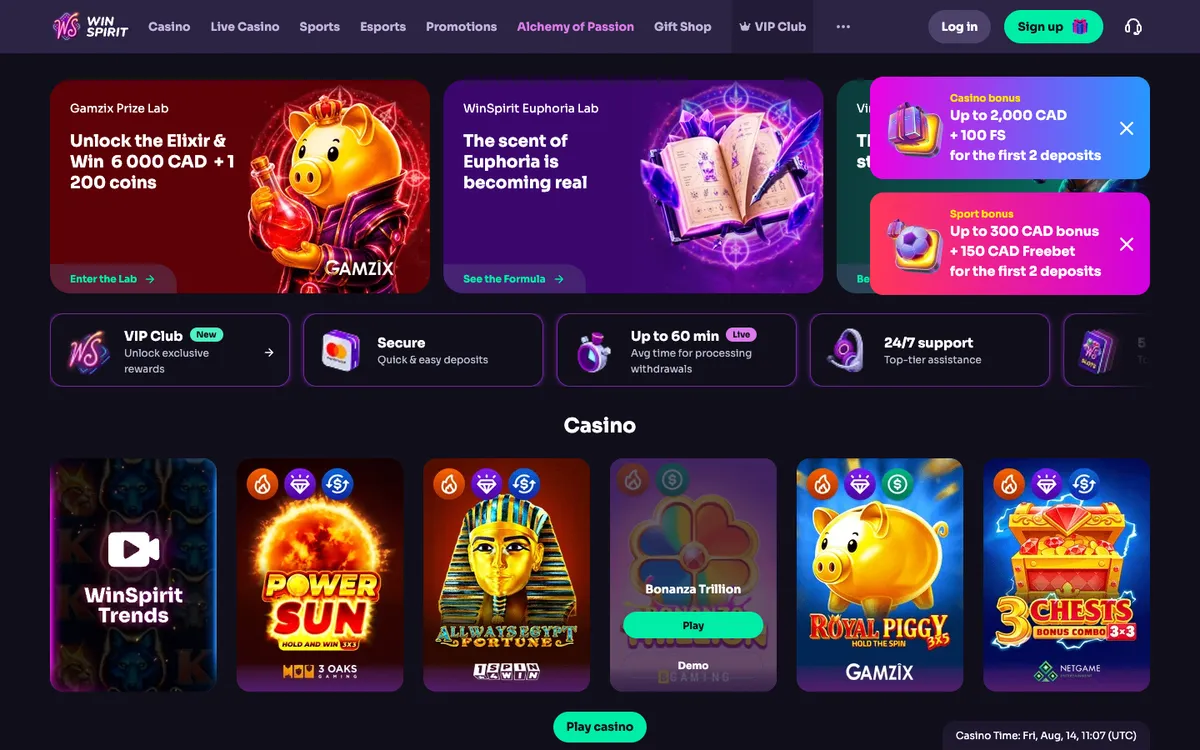 WinSpirit Casino — «Главная», снято из страны Канада