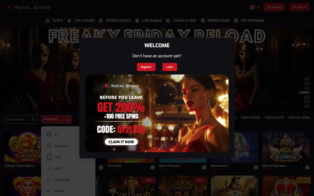 Royal Stars Casino — Home page, captured from South Africa