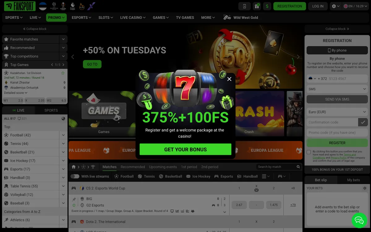 Fansport Casino — «Главная», снято из страны Эстония