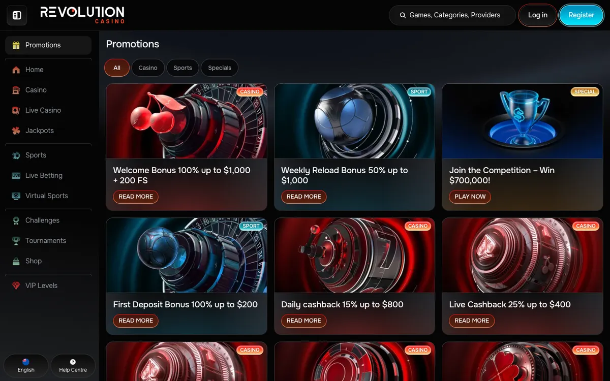 Revolution Casino — Promotions, captured from New Zealand