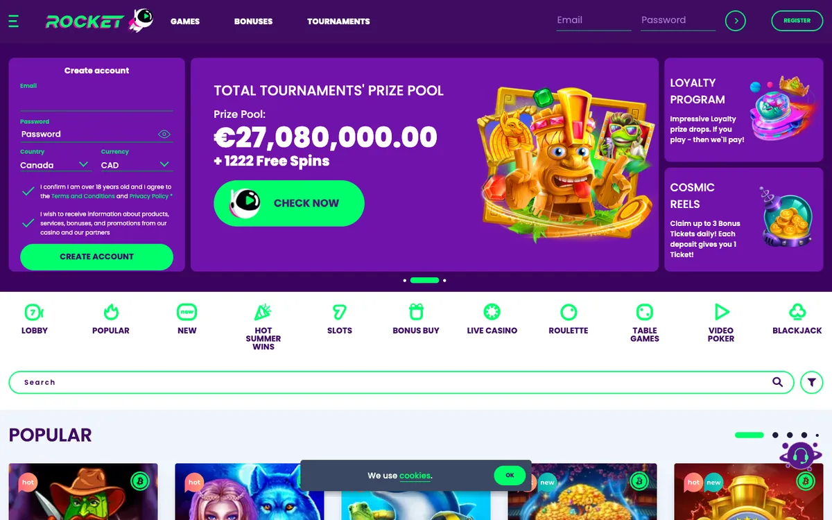 Casino Rocket — Home page, captured from Canada