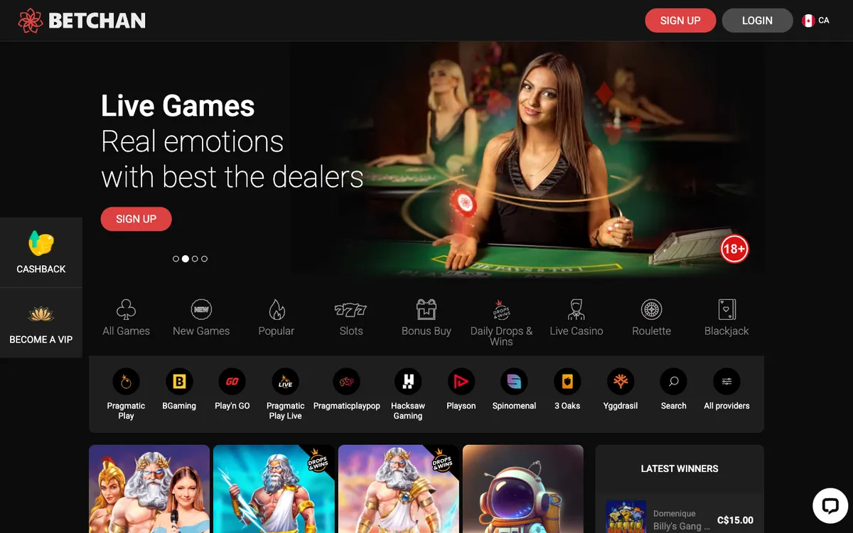 Betchan Casino — Home page, captured from Canada
