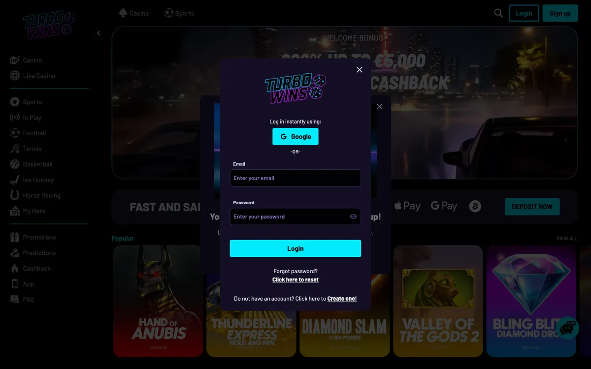 Turbo Wins Casino — Sign-up, captured from Belgium