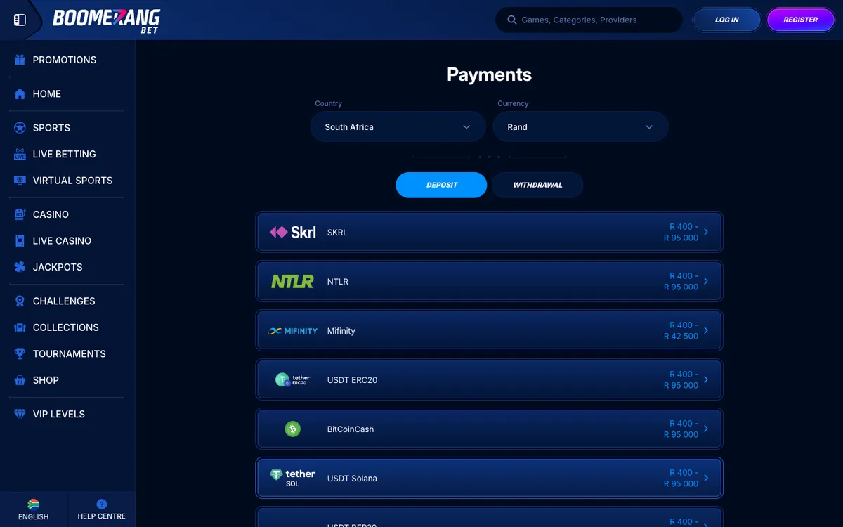 Boomerang-bet Casino — Payments, captured from South Africa
