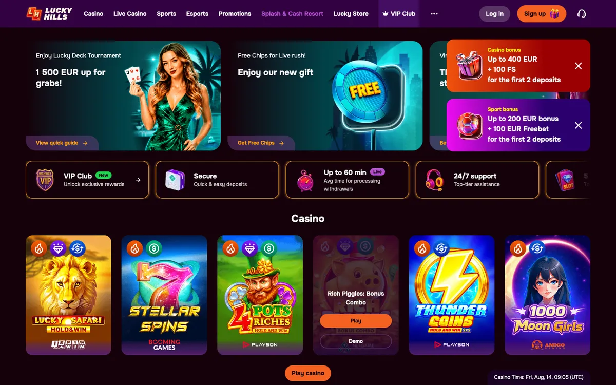 LuckyHills Casino — Home page, captured from Canada