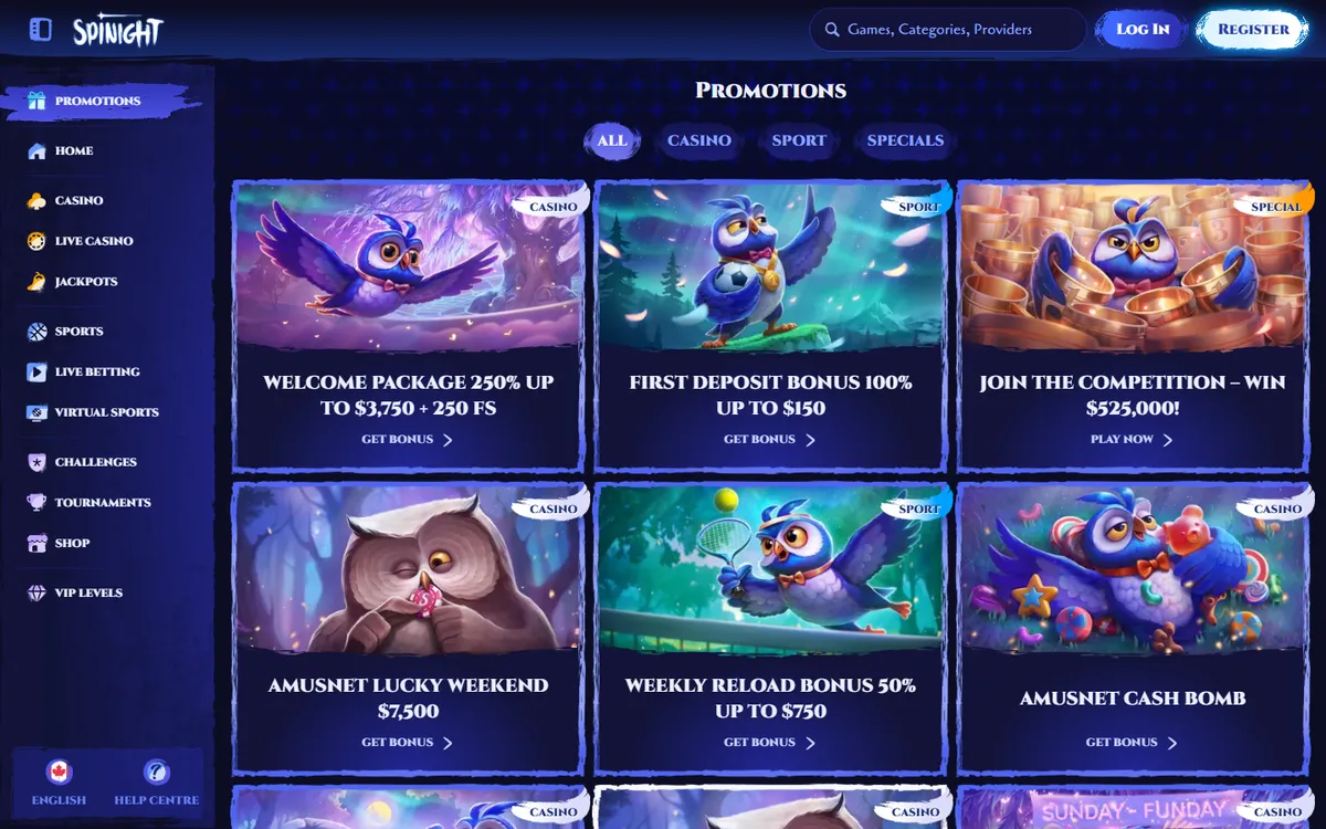 Spinight Casino — Promotions, captured from Canada