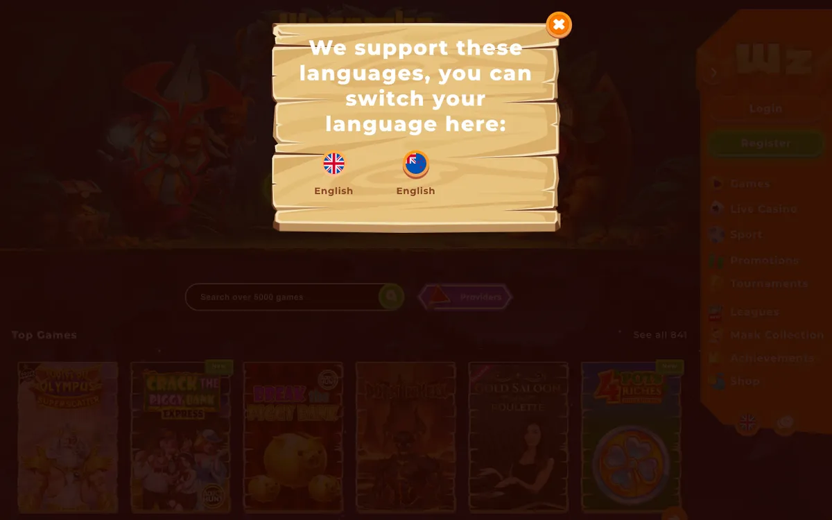 Wazamba Casino — «Главная», снято из страны Новая Зеландия