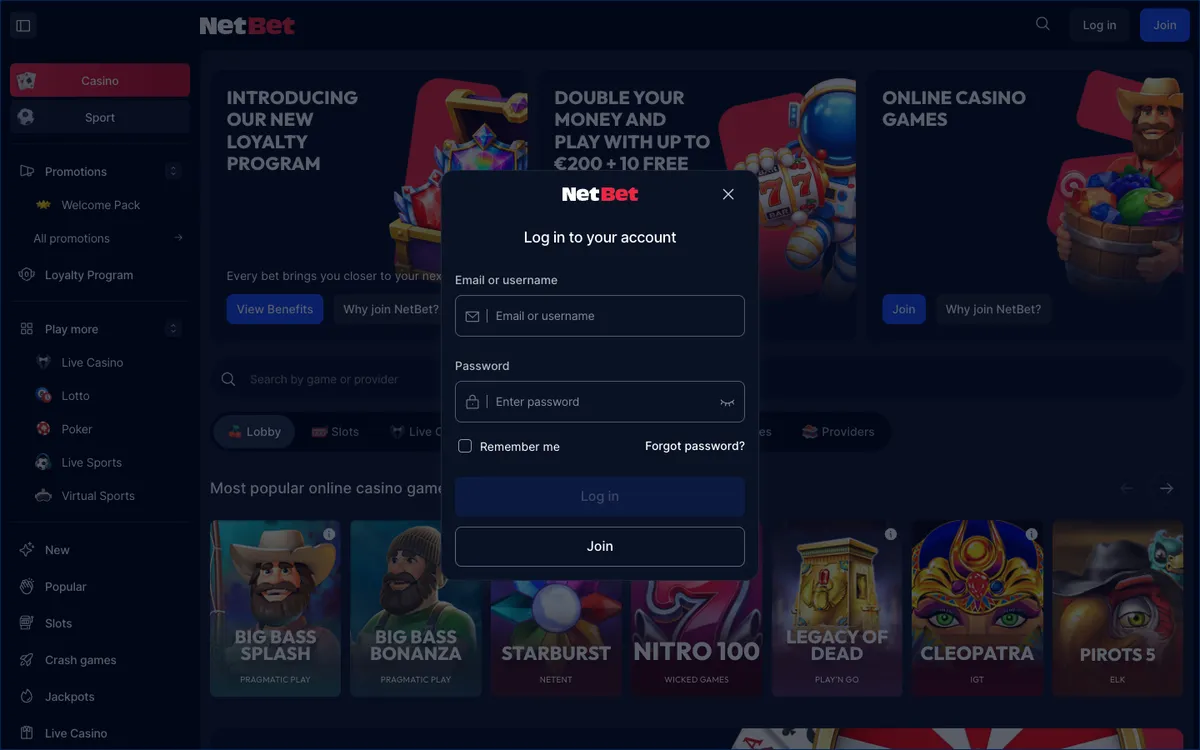 NetBet Casino — Sign-up, captured from Austria