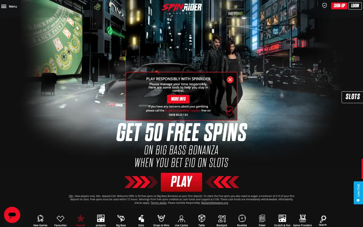 SpinRider Casino — Home page, captured from United Kingdom