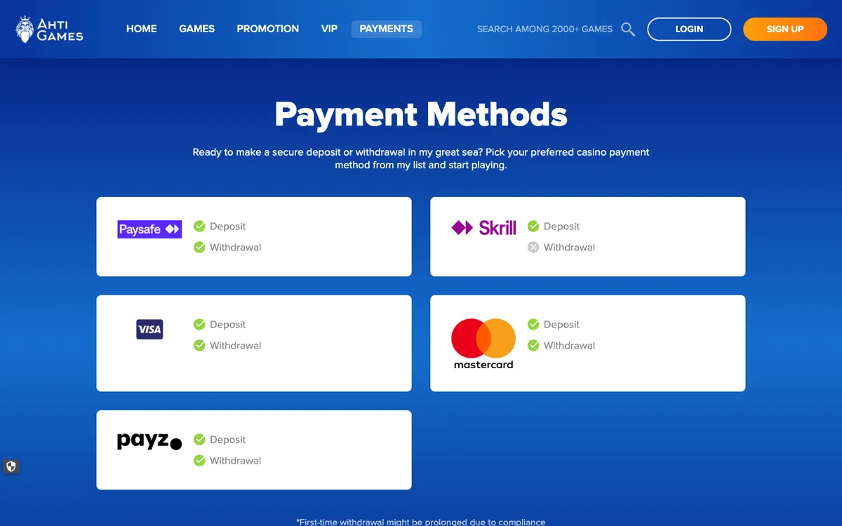 AHTI Games Casino — Payments, captured from Switzerland