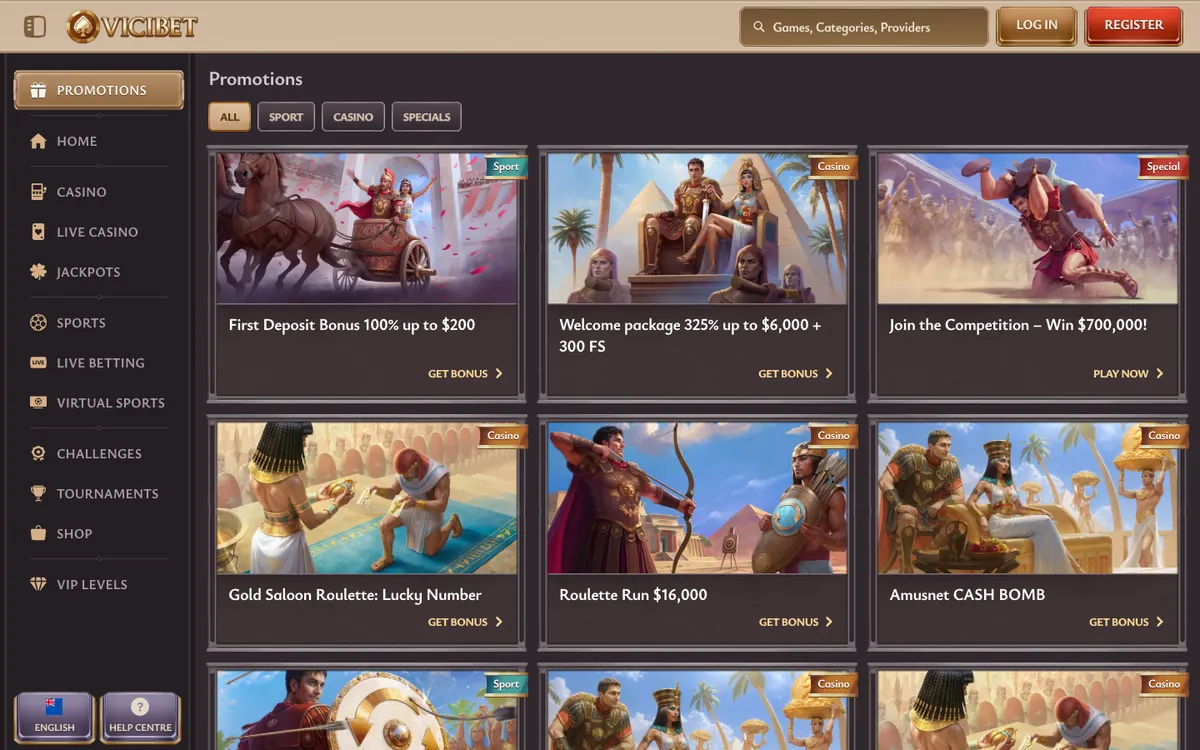 ViciBet Casino — «Акции», снято из страны Новая Зеландия
