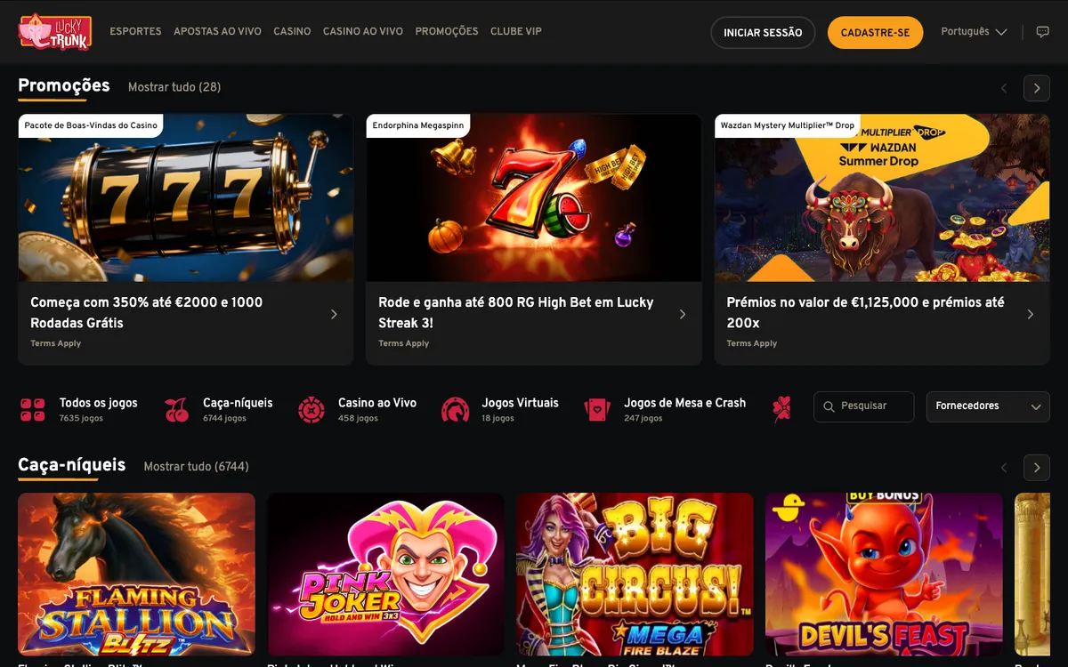 Lucky Trunk Casino — Home page, captured from Portugal