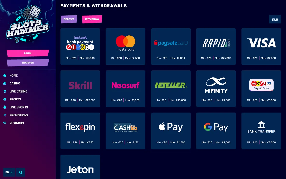 Slots Hammer Casino — Payments, captured from Austria