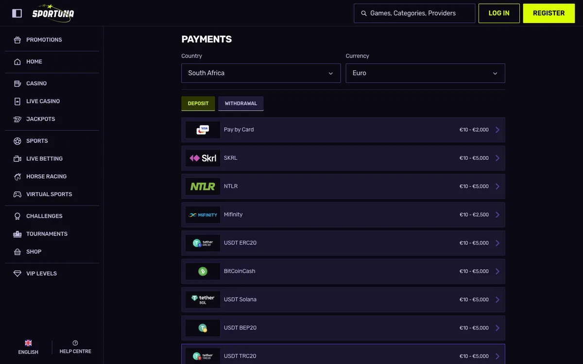 Sportuna Casino — Payments, captured from South Africa