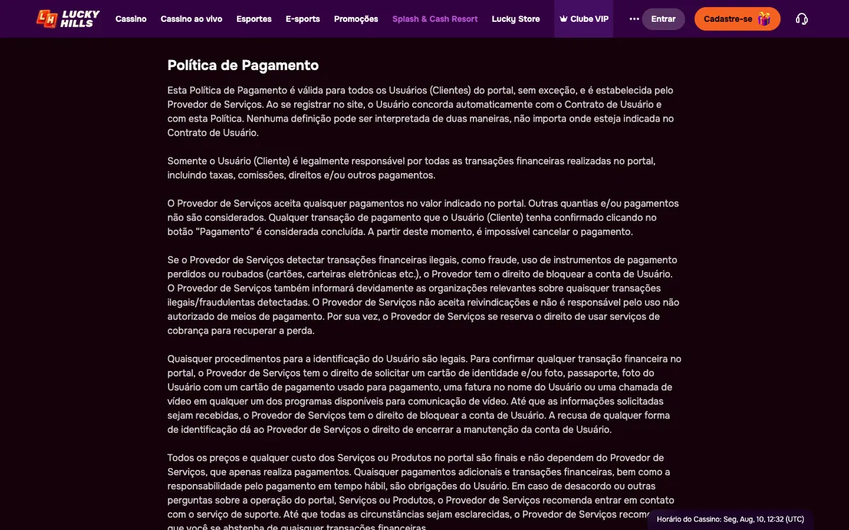 LuckyHills Casino — Payments, captured from Brazil