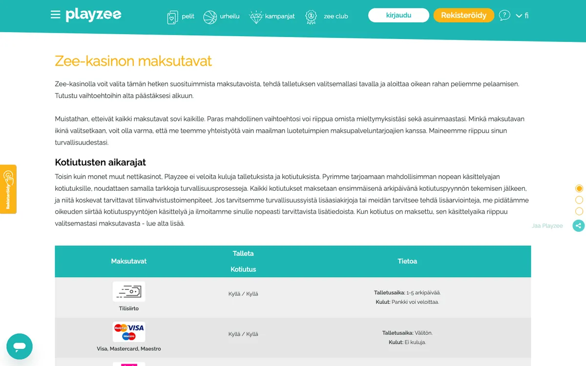 Playzee Casino — Payments, captured from Finland