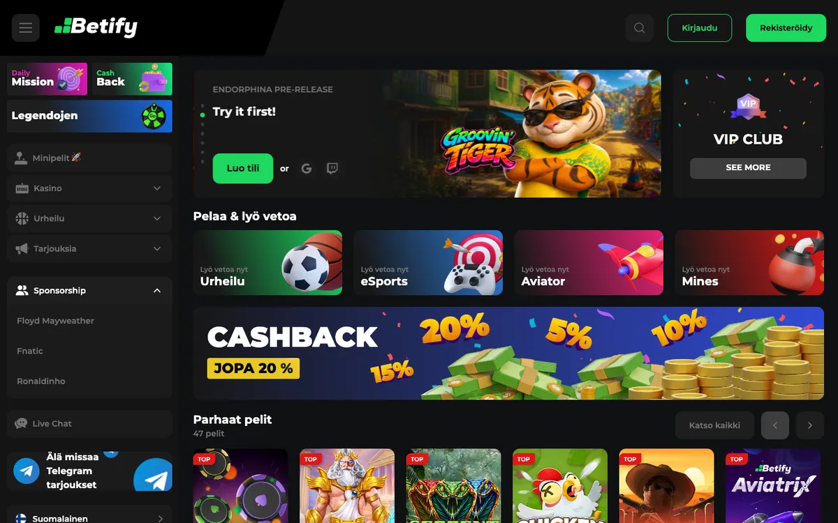 Betify Casino — Home page, captured from Finland