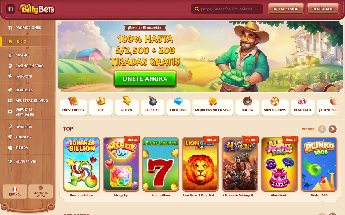 BillyBets Casino — «Главная», снято из страны Перу