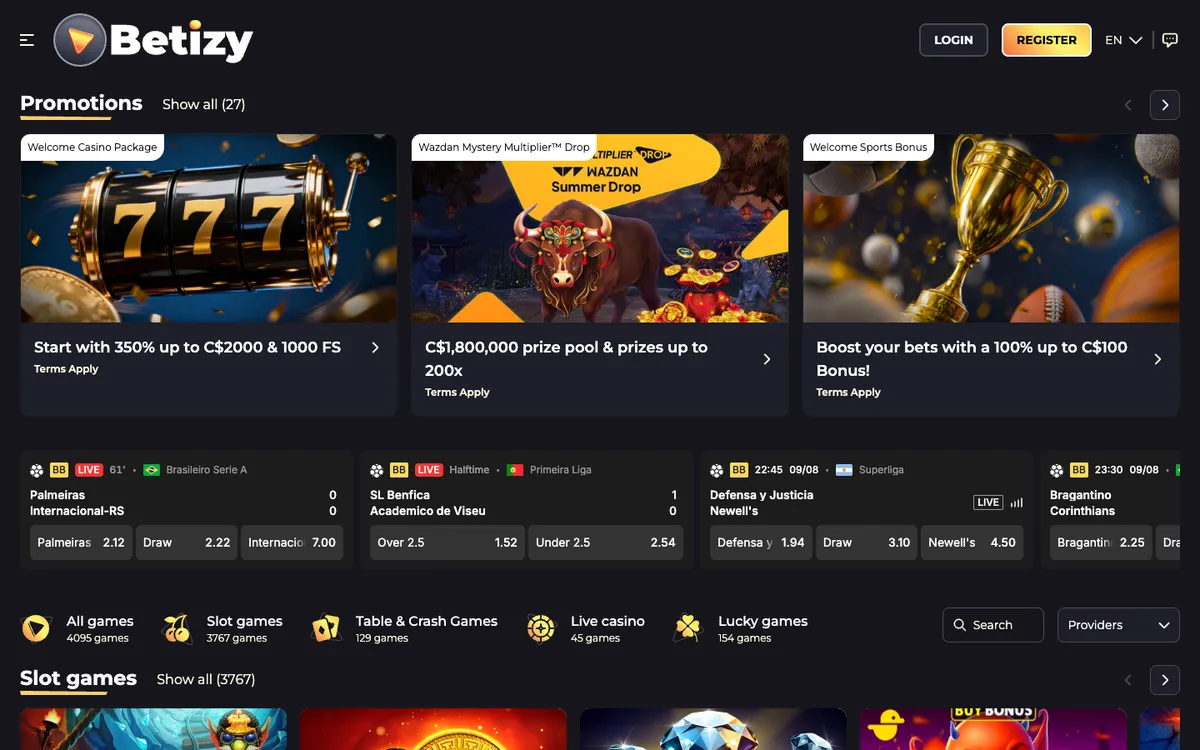 Betizy Casino — Home page, captured from Canada