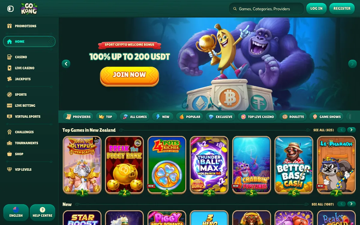 GoKong Casino — Home page, captured from New Zealand