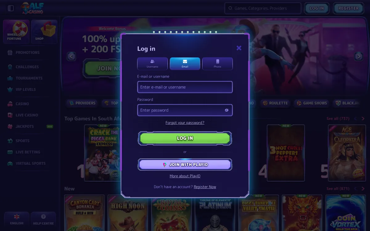 Alf Casino — Sign-up, captured from South Africa