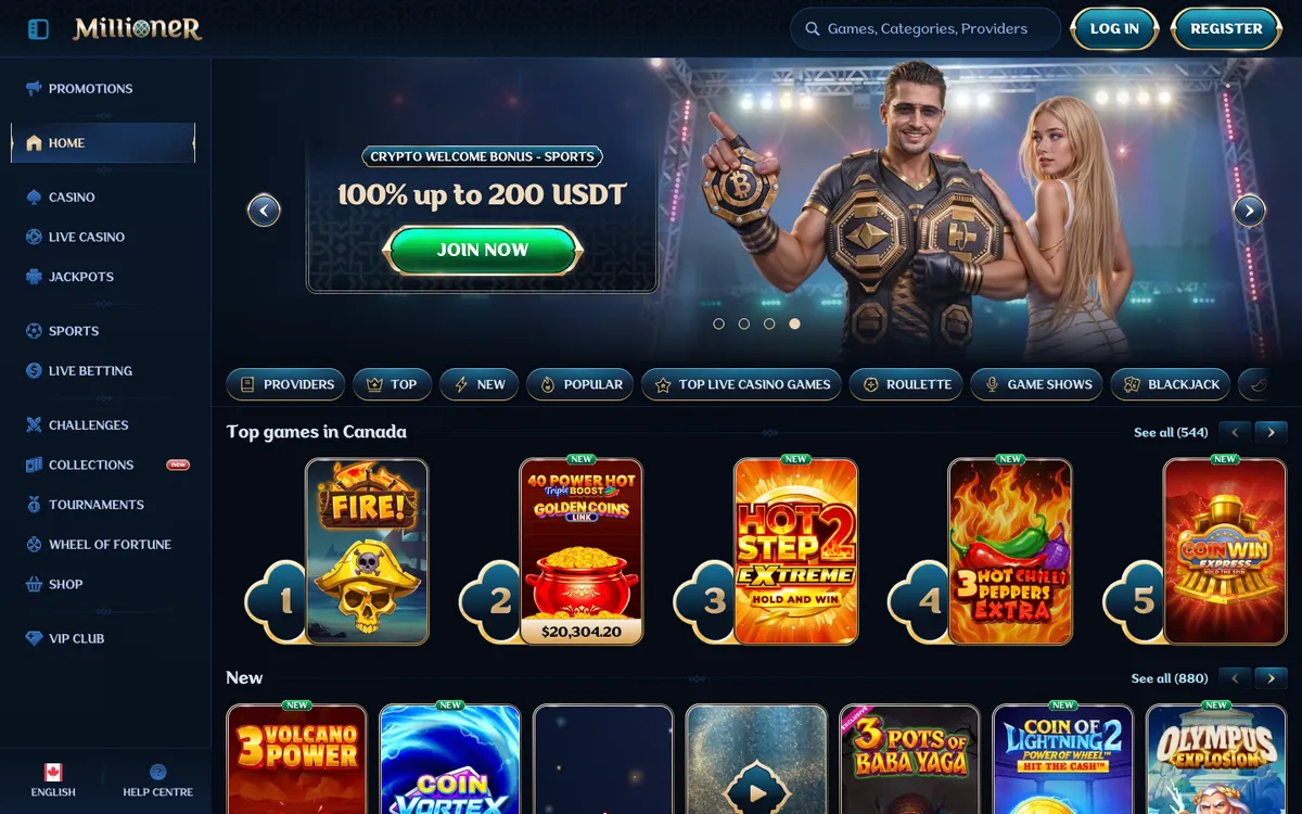 Millioner Casino — Home page, captured from Canada