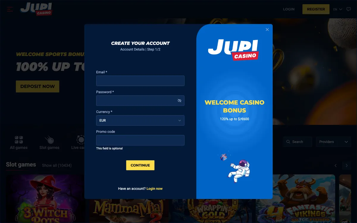 Jupi Casino — Sign-up, captured from Spain